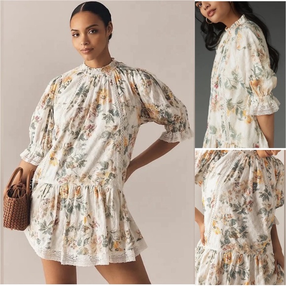 ANTHRO Pilcro 2-Pocket Mock Neck Cream Multi Floral Ruffle Hem Mini-Dress VGUC L - Picture 13 of 16